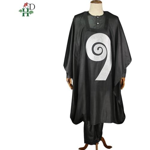 H&D African Black Agbada Men Clothes Set Cover Shirt Pants Mens Suit Bubu Dashiki Crystal Sparkly Attire 2020 Muslim Robes 8050