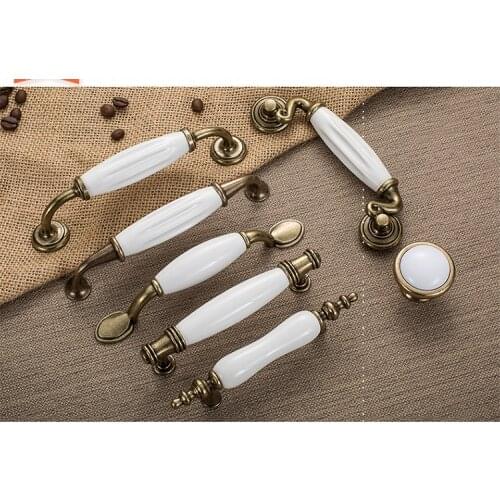 Antique Bronze White Ceramic Cabinet Handles Zinc Alloy Drawer knobs Wardrobe Door Handle Simple European Furniture Hardware