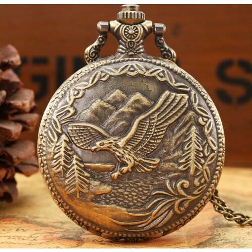 Retro Antique 3D Flying Eagle Design Fob Quartz Pocket Watch with Necklace Chain Pendant Art Collections Gifts for Male Female