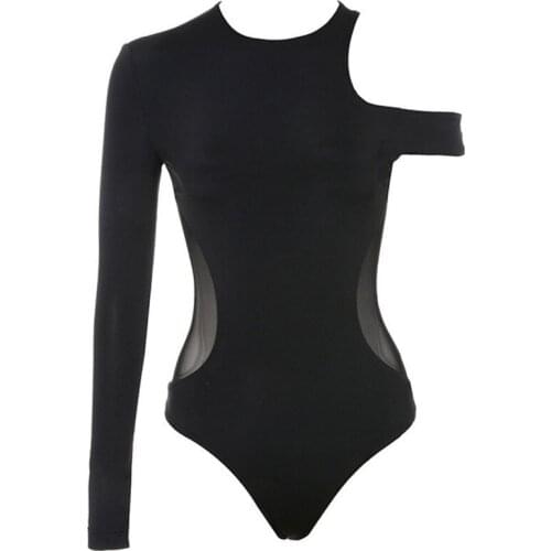 Black Slim Sexy One Sleeves Waist Mesh Patchwork Off the Shoulder Wholesale Women Bandage Bodysuit