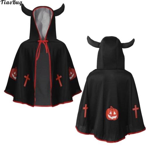 Kids Boys Girls Halloween Cosplay Cloak Hooded With Ox Horn Adorned Pumpkin Print Short Cloak Dress Up Theme Party Costumes