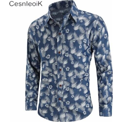 Spring Autumn Men Print Design Denim Thin Shirt Long Sleeve Soft 100% Cotton Slim Slight Elastic Jeans Cowboy 4XL C811