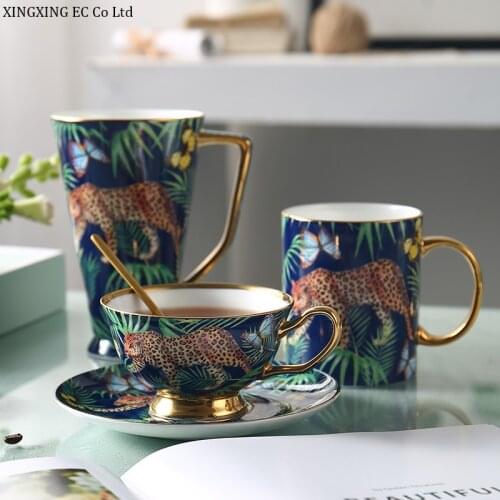 European Style Jungle Bone China Coffee Cup and Saucer 200ml Mug 500ml Large Capacity Water Cup Creative Set Gift Flower Tea Cup