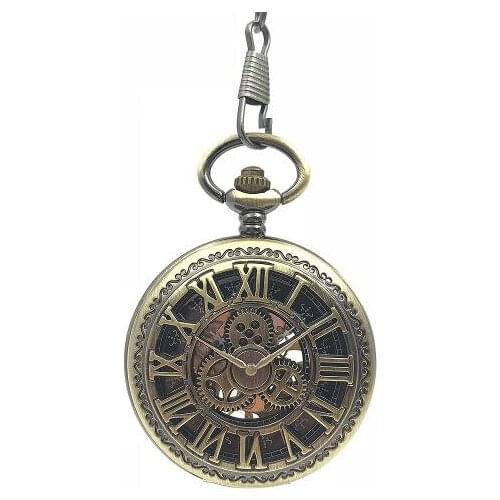 Hot Selling Bronze Hollowed Gear Roman Number Mechanical Pocket Watch Vintage Hand Wind Pocket Watch with Chain Wholesale