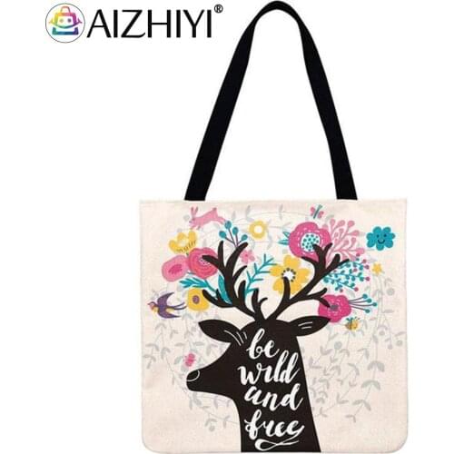 Nordic Literary Deer Printed Shoulder Shopping Bag Casual Ladies Large Capacity Tote Handbags