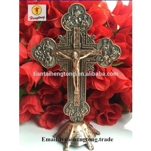 Red copper plated Orthodox Church Metal Stones Cross Lord Jesus Christ, standing crucifix, church decoration,catholic cross