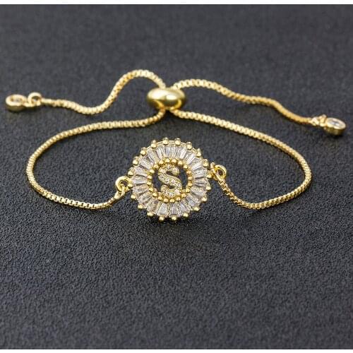 Fashion A-Z Initial Letter Copper CZ Paved Setting Cubic Zircon Charm Bracelets Adjustable Chain For Women Party Wedding Jewelry