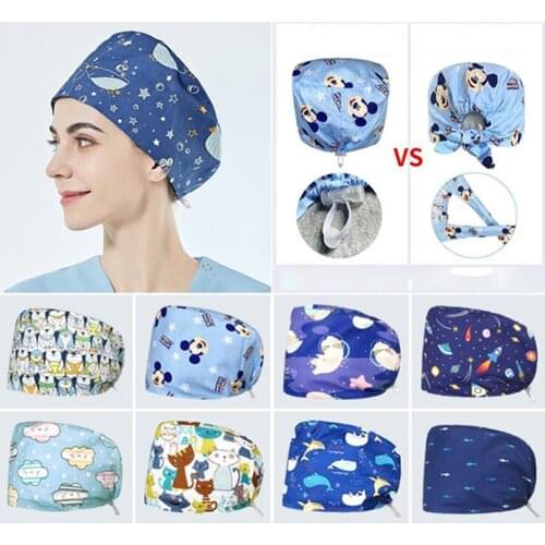 New 2021 Unisex cotton print scrub hats adjustable Elastic band Scrubs caps lab working hat Women Long Hair Baotou Scrub Cap