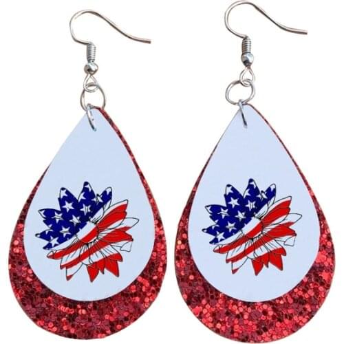 New Patriotic Usa Flag Sunflower Teardrop Earrings Gift For 4 th Of July Glitter Layers Faux Leather Earrings