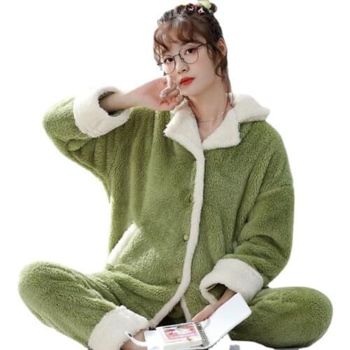 2021 Winter New Womens Pajamas Thick Coral Fleece Long-sleeved Warm Home Service Pajamas for Women Pijamas Women Pajama Set