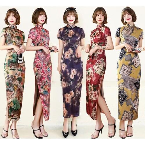 Women Cheongsam Floral Print Slim Short Sleeve Splits Midi Dress for Party Women Slim Short Sleeve Splits Midi Dress for Party