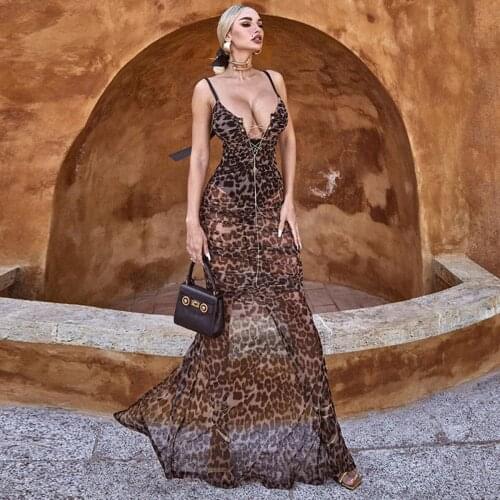 Sexy Perspective Low-Cut Leopard Print Lace Up Chest Mesh Dress Breathable Flexible Cowl Thin Dresses for Women Party Prom