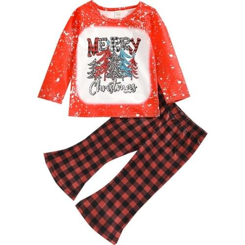 Xmas Outfits Baby Girl Tops Pants Suit Long Sleeve Christmas Tree Print Shirt Wide-Leg Trousers Childrens Clothing