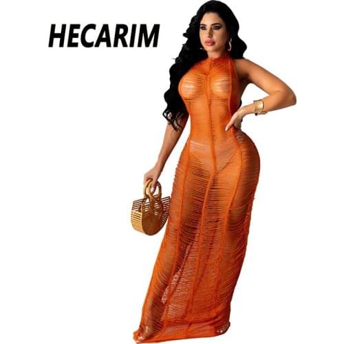 HECARIM Women Sexy Knit Swimwear Backless Crochet Maxi Dress Cover Up Summer Hollow Out Fringe Tassel Top Sexy Sleeveless Dress
