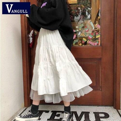 Vangull Mesh Patchwork High Waist Pleated Skirt Women Summer New Elastic Waist Loose Skirt Ins Style Female Party Mid-calf Skirt
