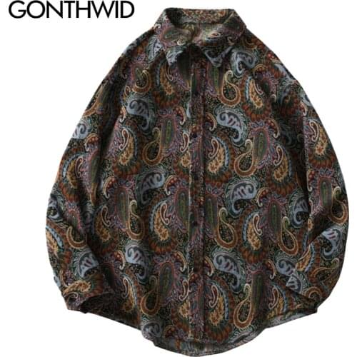 GONTHWID Knitted Shirts Harajuku Bandana Paisley Pattern Flowers Button Shirt Hip Hop Casual Long Sleeve Streetwear Tops Coats