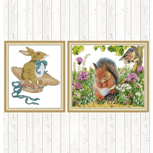 Squirrel and Bird Counted Cross Stitch 11CT 14CT Cross Stitch Sets DMC DIY Embroidery Needlework Rabbit with Bow Tie Patterns