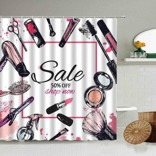 Makeup Theme Pattern Shower Curtain Perfume Lipstick Nail Polish Elegant Girl Bathroom Decoration Waterproof Curtains Set Gift