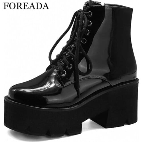 FOREADA Women Pu Leather Motorcycle Boots Platform Round Toe Thick High Heel Ankle Boots Lace Up Ladies Boots Winter Yellow 43