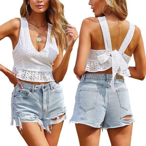 Women Summer Vest Solid Color Hollow-Out V-Neck Sleeveless Crop Tops with Knotted Back for Girls White
