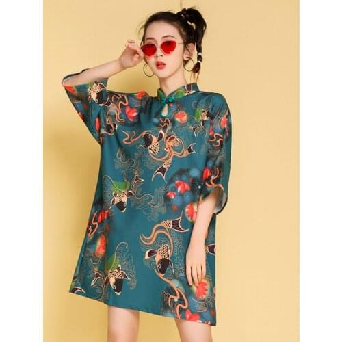 Women Fashion Japanese Harajuku Style Party Club Dress Chinese Retro Printed Cheongsam Girl Travel Casual Qipao Streetwear