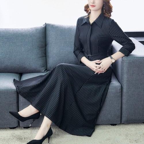 2020 Vintage Black Striped Midi Dresses Autumn Winter 3XL Plus Size Long Sleeve Maxi Dress Elegant Women Bodycon Party Vestidos