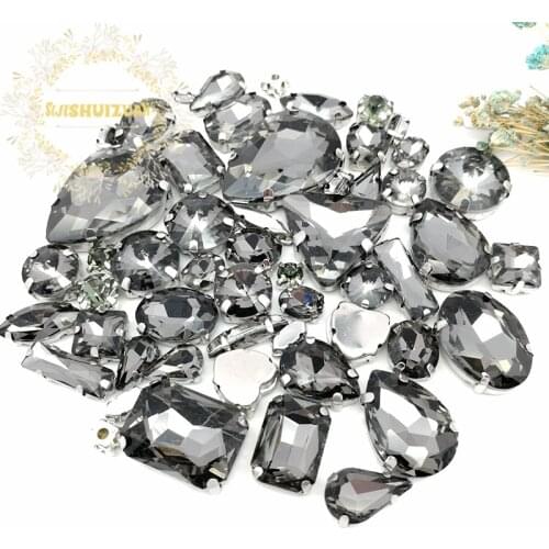 58pcs 10shapes 25sizes Mix Gray shape and sizes Glass Crystal rhinestones silvery bottom DIY Clothing accessories