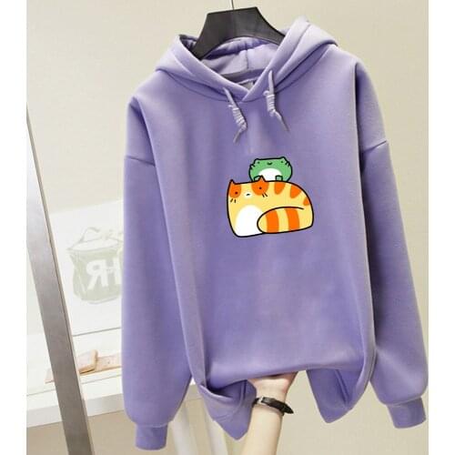 Oversized Women Harajuku Cat Hoodie Frog Printed Sweatshirt Women Autumn Winter Streetwear Pullovers Graphic Thick Warm Hoodies