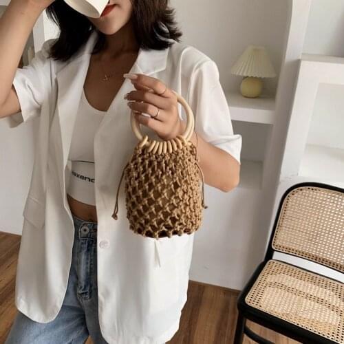 Handmade Womens Handbags Knitted Mesh Bag Bohemian Hollow Bucket Net Bag Summer Straw Beach Bags Female Round Handle Tote