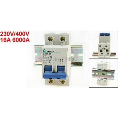 DZ47-63 C16 230V / 400V 16A 2P 2 Pole Overload Protection Household Miniature Earth Leakage Circuit Breaker 6000A + Lead Rail