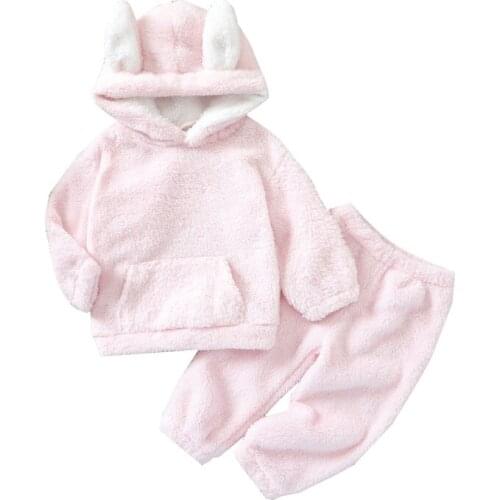 Infant Girls Two-piece Soft Plush Clothes Set, Pink Solid Color Long Sleeve Hooded Pullover and Elastic Waist Trousers, 0-3Years