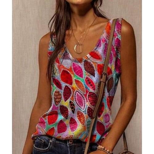 Plus Size Women Fashion Loose Casual Floral print Round neck sleeveless summer vest tank tops camisole