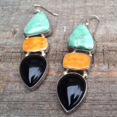 Boho Tricolor Blue Orange Black Colorful Stone Earrings Geometric Water Drop Statement Dangle Earrings Party Jewelry