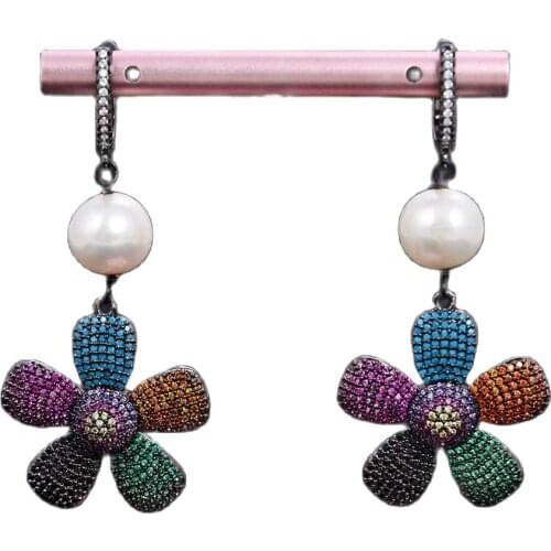 JK White Pearl Multi Color Cz Gunmetal Pave Flower Earrings