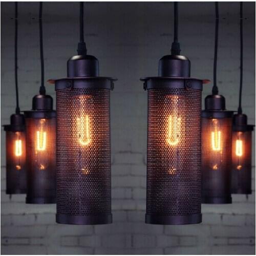 Edison cord hanging lamp Industrial Wind Vintage Cage pendant lights dinning room Metal Iron Mesh Cylinder pendant lighting