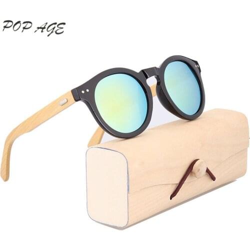 Plastic Frame Sunglasses Men Round Yellow Mirror UV400 Mens Glasses Wood Case Gafas Sunglass Box Oculos Retro Eyewear Male