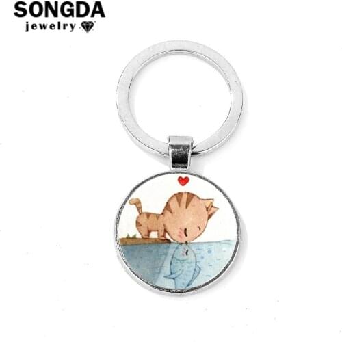 SONGDA Creative Fun Cat Fish Best Friend Key Chain Handmade Photo Glass Dome Metal Key Ring Cute Cartoon Animals Lovers Keychain