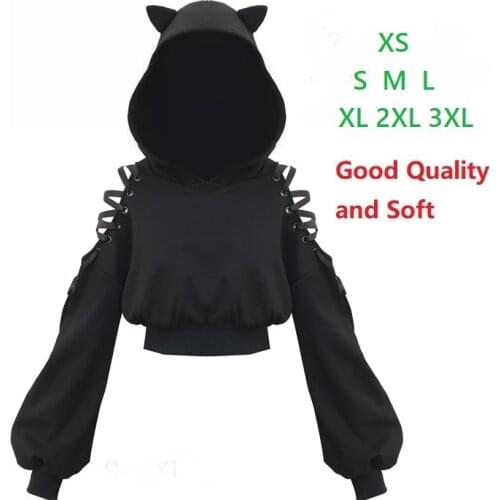 Harajuku Sweatshirt Women Punk Gothic Hoodie Autumn Winter Plus Velvet Hollow Out Lace up Long Sleeve Cute Cat Ear Hoodies