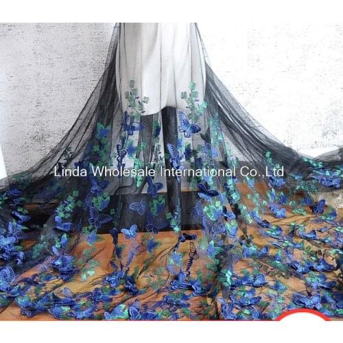 High-Grade Black net yarn Dark Blue Butterfly Embroidered Lace Fabric Stereo Embroidered Clothing Dress Material,sewing cloth