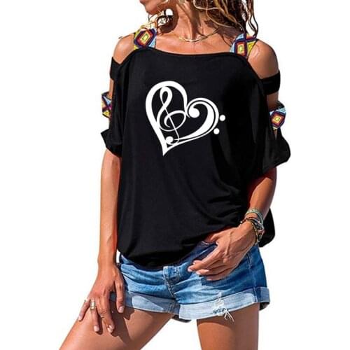 2019 Funny Women T-shirt Heart-shaped Music Print T-shirt Short Sleeve Summer Women Sexy Hollow Out Shoulder Tee