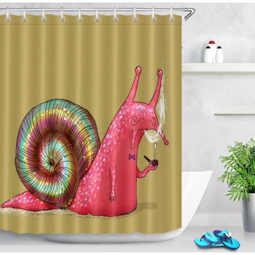 Cute Snail Smoking Shower Curtain Fabric Waterproof Popular Funny Mollusk Pattern Waterproof Bath Curtains Set With Hooks