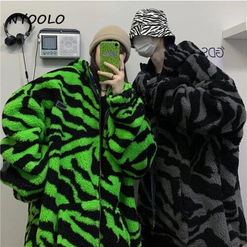NYOOLO 2020 Winter Streetwear Zebra Pattern Lamb Woolen Thicken Warm Zipper Hooded Padded Coats Women Men Harajuku Loose Outwear