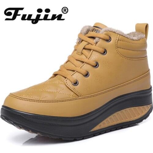 Fujin Women Ankle Boots Short Plush Fur Keep Warm Boots Female Shoe Platform Pu Leather Comfortable Booties for Women Snow Boots