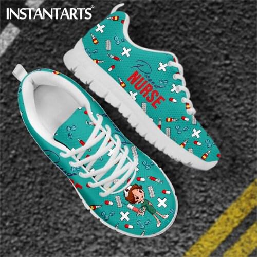 INSTANTARTS Spring Nursing Flat Shoes Women Cute Cartoon Nurse Physio Print Womens Breath Mesh Sneakers Shoe Zapatos de Mujer