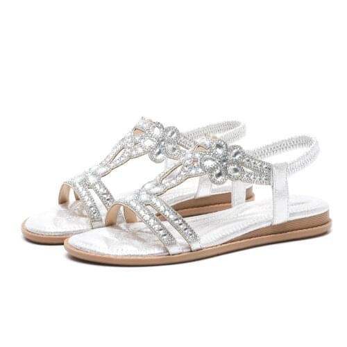 Beach Shoes Low3CM Crystal Solid Summer Sandals Ladies Shoes Size 35-42 Fashion Casual Ethnic Sliver Beach Sandals For Women