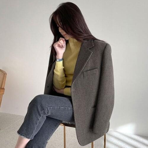 New Fall Women Kroean Wool Blazer Coat Autumn Winter Vintage Plaid Jacket Woman Fashion Elegant Office Short Blazers