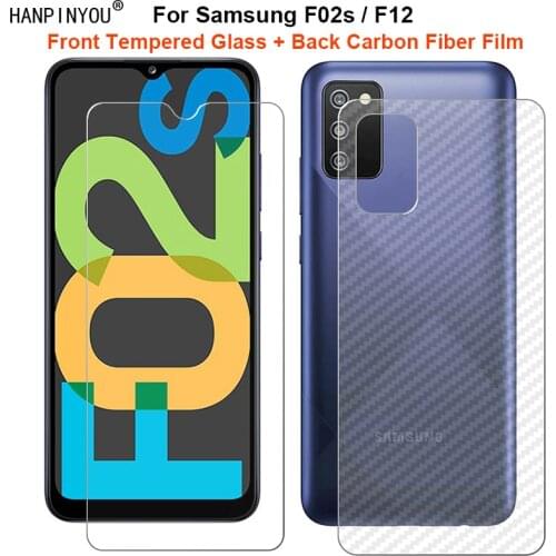 For Samsung Galaxy F02s / F12 6.5" 1 Set = Soft Back Carbon Fiber Film + Ultra Thin Tempered Glass Front Screen Protector