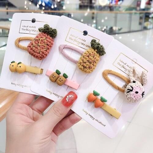 2Pcs/Set New Girls Cute Knitting Rabbit Flower Pineapple Ear Hair Clips Children Candy Barrettes Hairpins Kids Hair Accessories