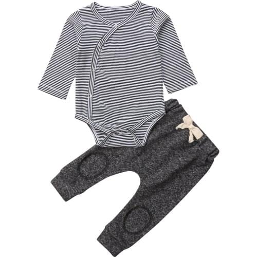 2018 Brand 2Pcs Newborn Baby Boy Stripe Romper Tops +Long Pants Outfits Clothes Size 0-24M