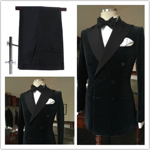 2019 fashion black double breasted slim groom wedding prom suits for men custom made velvet mens tuxedo wedding suits